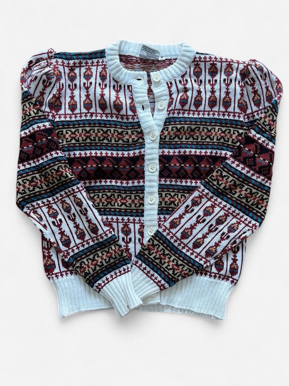 Vintage Fair Isle Puff Sleeve Knit Cardigan Sweater Folk Prairie Cottagecore M - Picture 5 of 6